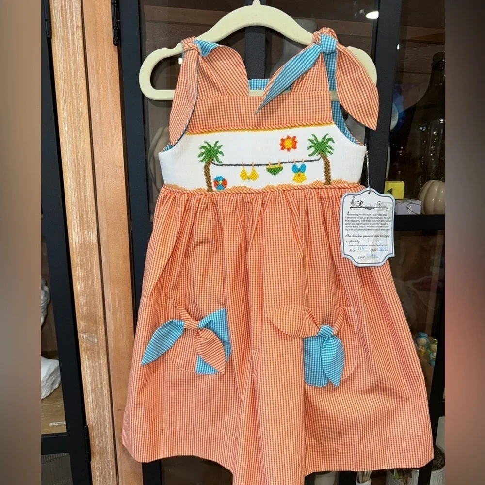 Remember Nguyen smocked dress bows toddler girl gingham palm trees beach vintage